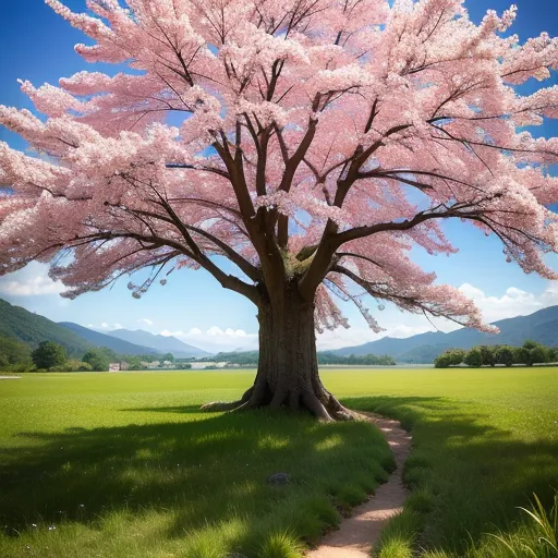 桜の木 野原の真ん中にある大きな桜の木 a large pink tree in the middle of a field  20230618091753 | SPARK STOCK フリー素材 無料画像